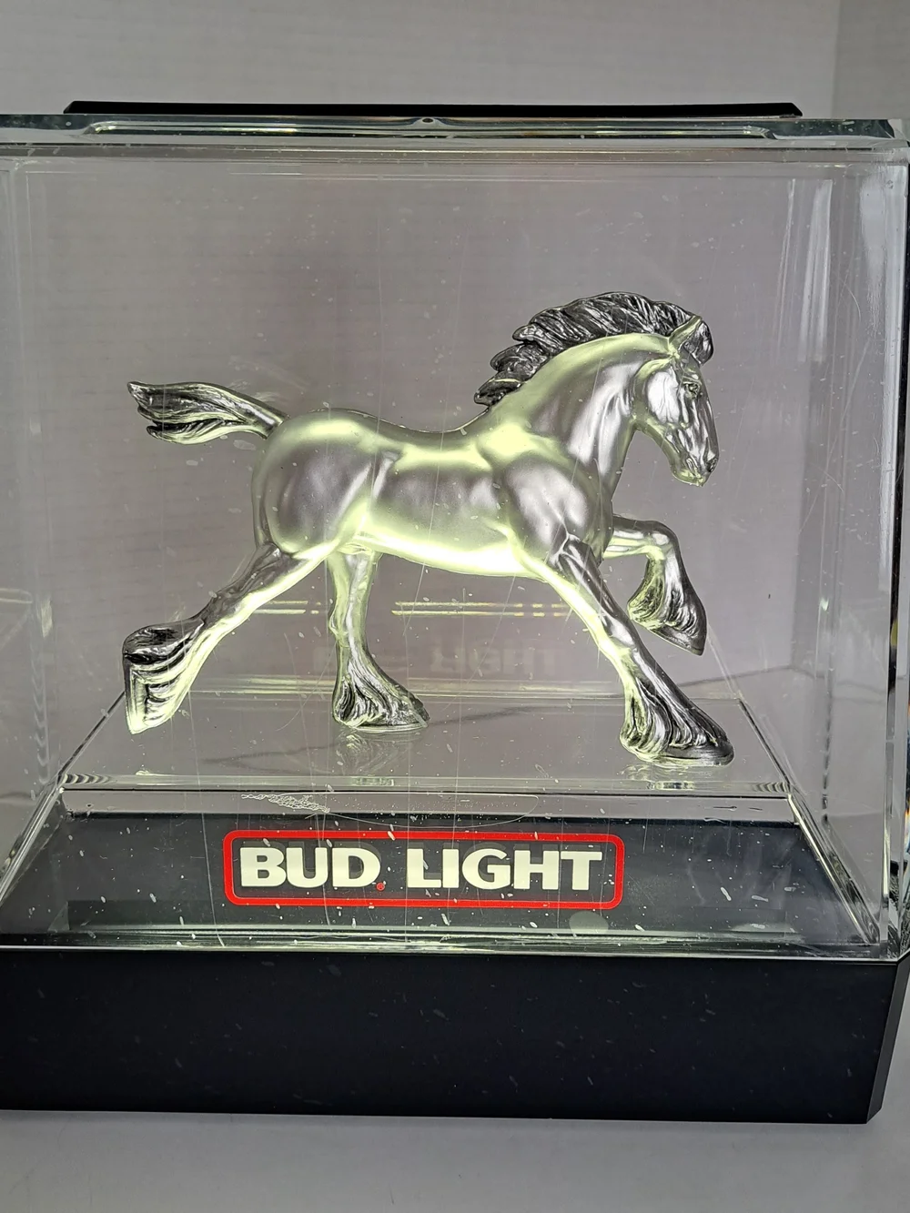 Vintage Bud Light Beer Sign Silver Clydesdale Lighted Bar Display 1982. Works